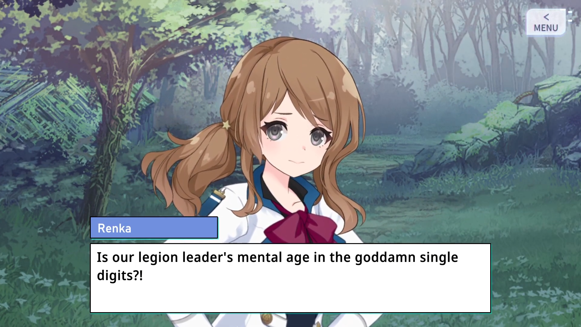 Renka Iijima, from Assault Lily: Last Bullet, pondering the efficiency of her team leader's cognitive capacity.